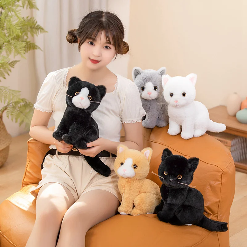 1pc 26cm Simulation Cat Plush Toy Cartoon Sitting Cute Kitten Animal Grey White Black Cats Artificial Touch Doll Gift for Kids