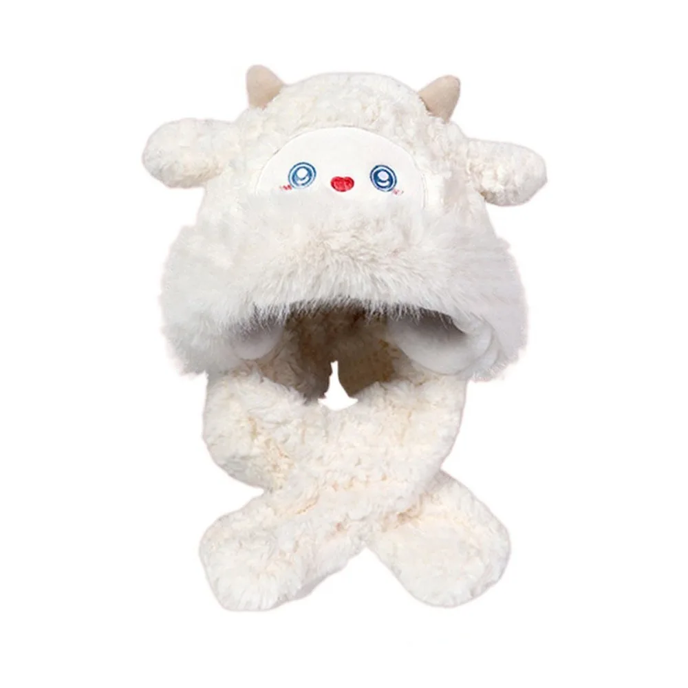 

Kawaii Warm Little Sheep Plush Hat Thickened Coldproof Lei Feng Cap Ears Move Cartoon Animals Beanie Hats Winter Autumn