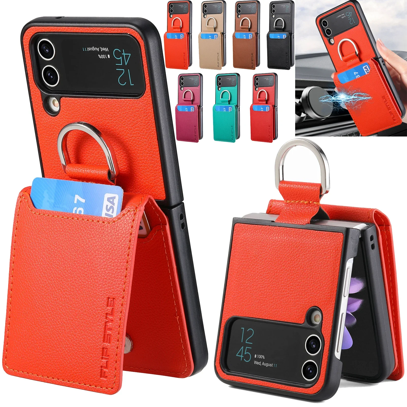 Magnetic Ring Holder Leather Wallet Cards Solt Case for Samsung Galaxy Z Flip 6 5 4 Flip5 5G Zflip4 Kickstand Vertical Cover