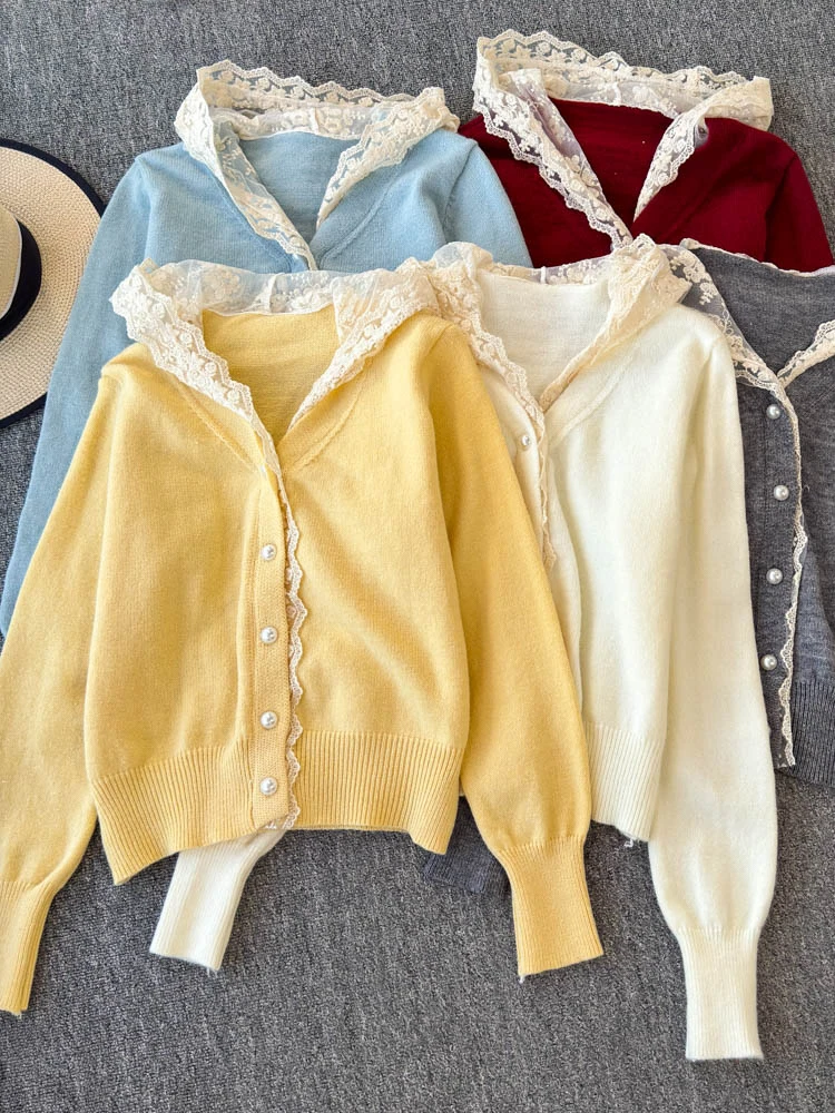 

Winter New Lace Splicing Hooded Knitted Open Cardigan Women's Loose Slimming Sweater Korean Sle Long Sve V-ne Button D...
