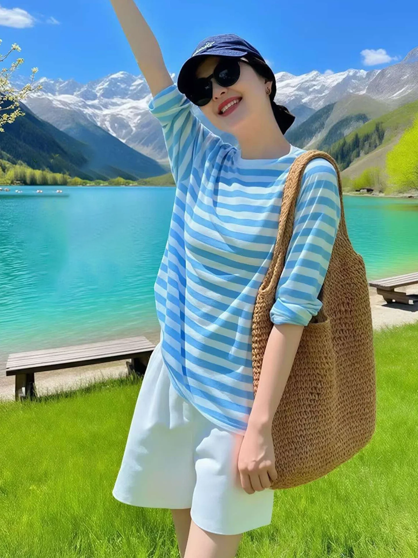 가볍고 통기성 좋은 여름 티셔츠 커버업 자외선 차단 슬리밍 베이스 레이어 한국식 스트레이트 컷 실크