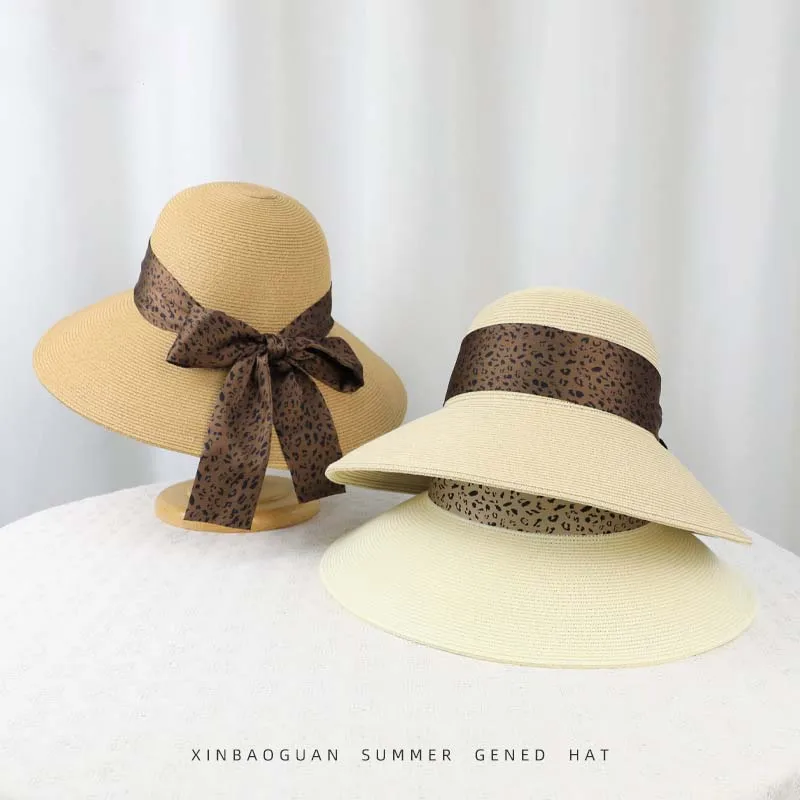 

Женская летняя широкополая соломенная шляпа с леопардовым принтом, бантом и бахромой, для пляжного отдыха и защиты от солнца