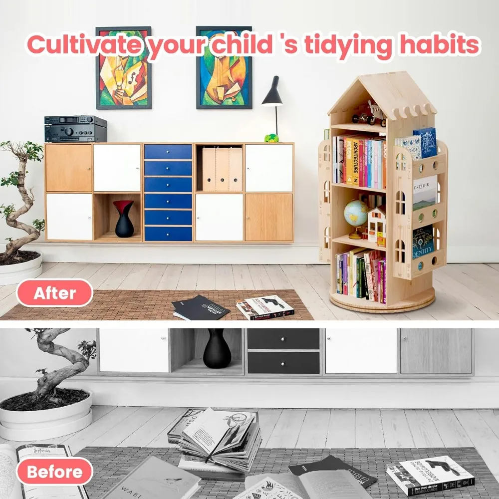 Rotating Bookshelf 360 Display 4 Tier Floor Standing Bookcase Storage Rack for Kids&Adults Bookshelf, Wood Book Shelf