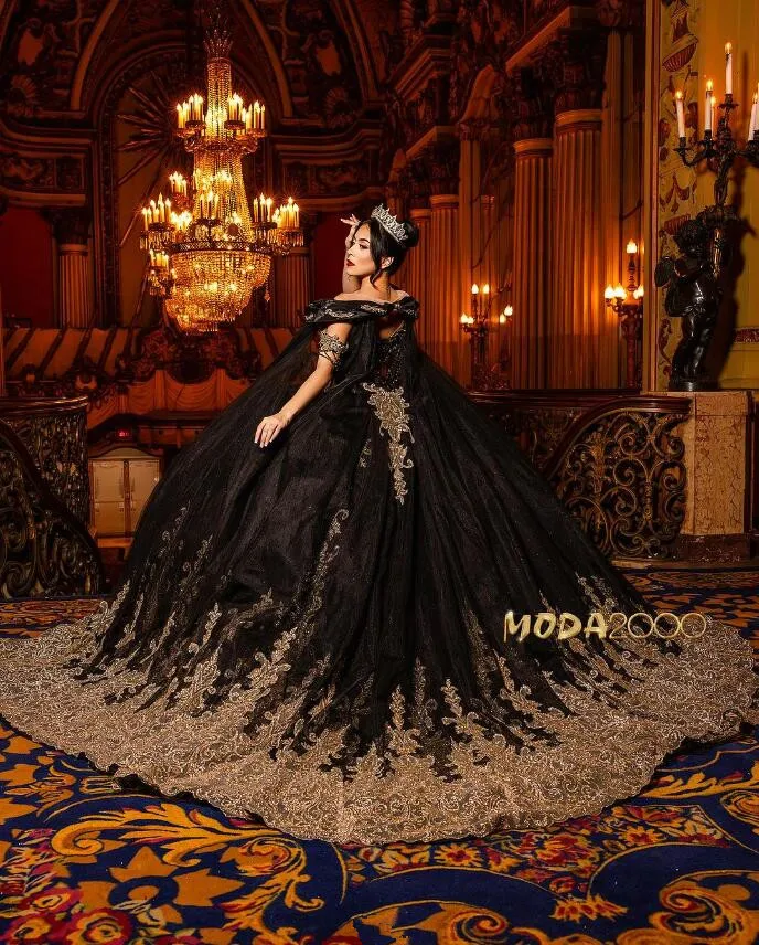 Sparkly Black Gothic Princess Quinceanera Dresses with Cape Off Shoulder Boning Corset vestido de 15 quinceañeras 2024 prom