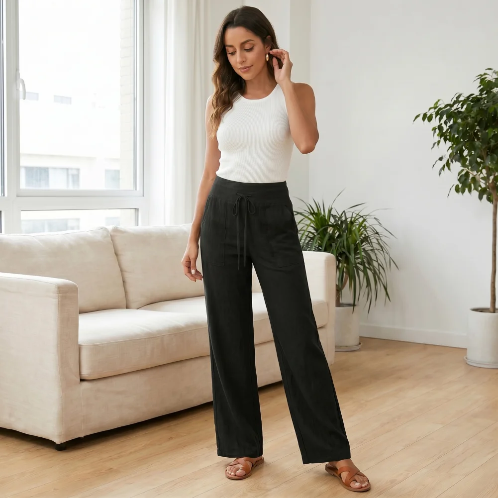

High-rise Wide-leg Trousers Women High Rise Wide Leg Pants with Side Pockets Elastic Waist Trousers Drawstring Business Office