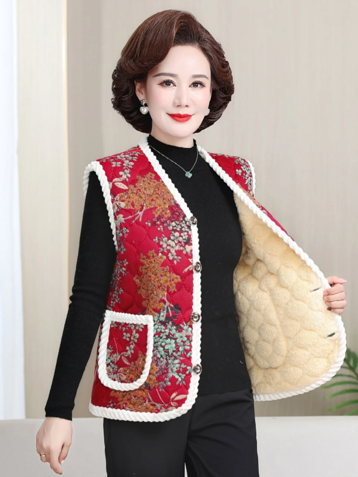 Chaleco de algodón con forro de Fce y estampado Floral para mujeres de mediana edad y ly, ropa de viaje cálida y con botones para madres y vueltas