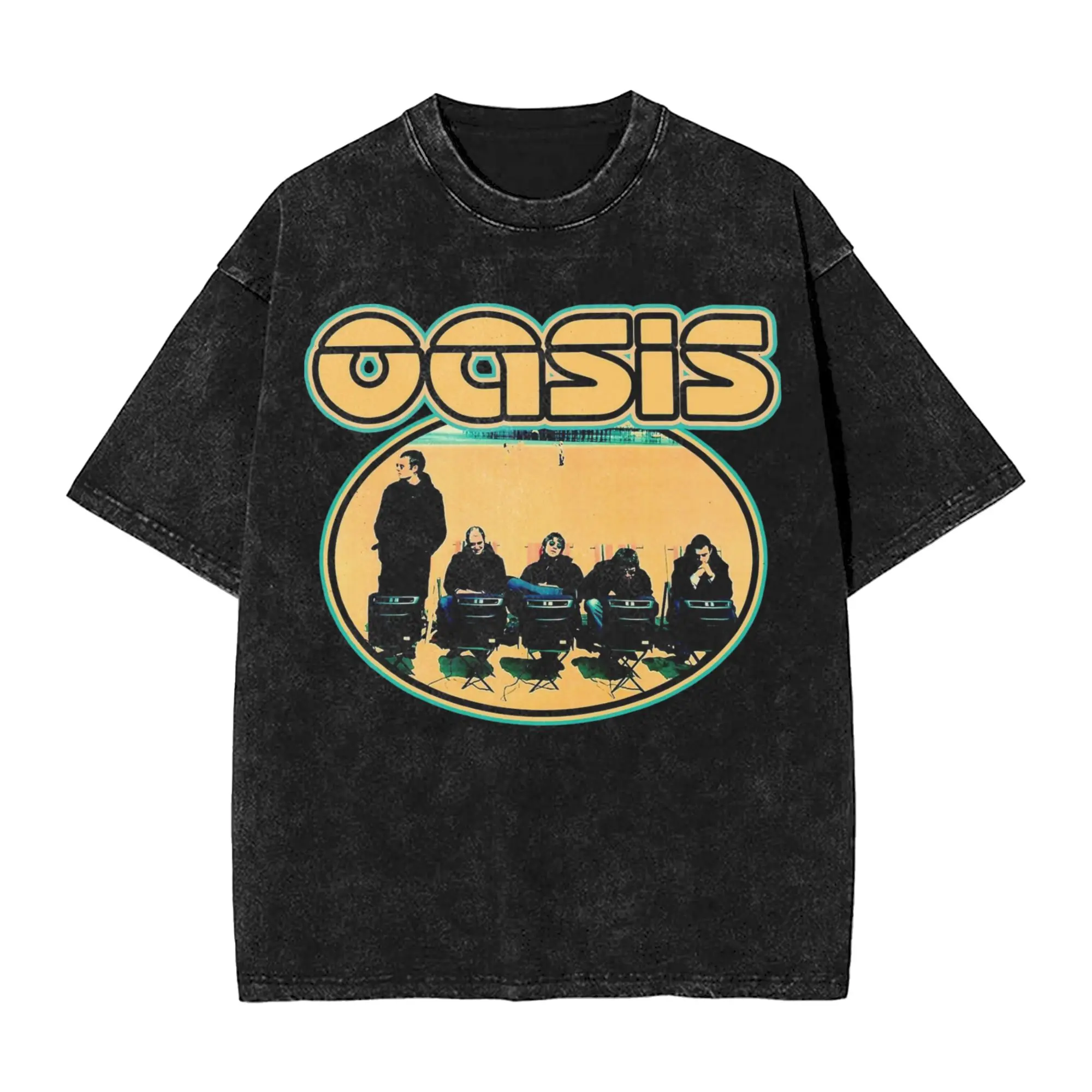 Oval Framed Britpop Music Band O-Oasis Washed T Shirts Streetwear Hip Hop Vintage T-Shirt Tee Shirt Men Cotton Oversize Summer