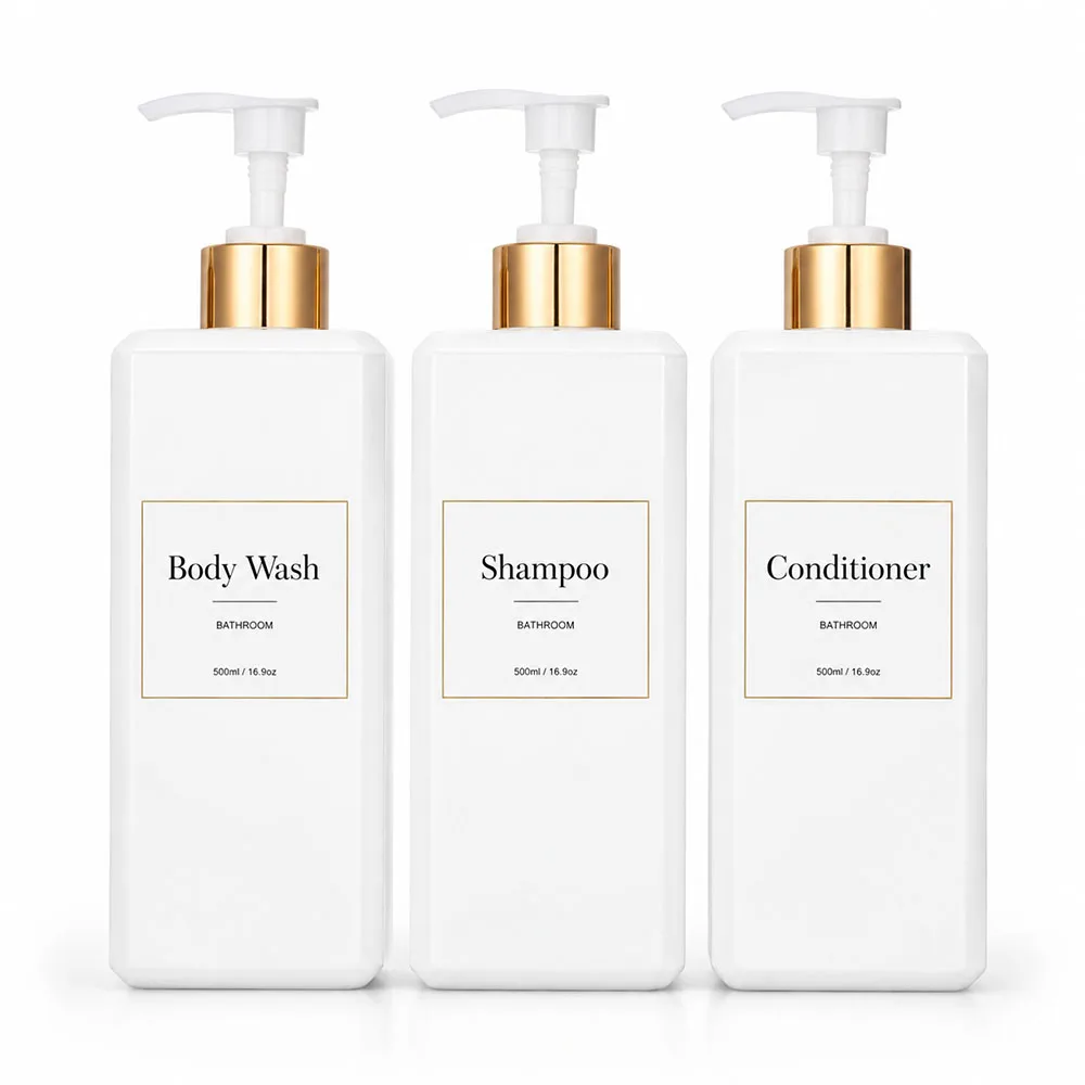 500ml/16.9oz Shampoo Dispenser Press Pump Bottle with Gold Waterproof Labels Bathroom Shampoo Conditioner Body Wash Bottles