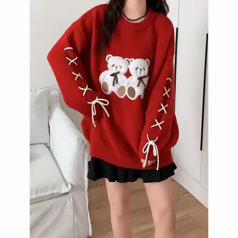 Gaganight Women Loose Bear Sweater Butterfly Knot Pullover Cute Autumn Winter 2024 Lazy Style Knitted Sweater New Year Red Top