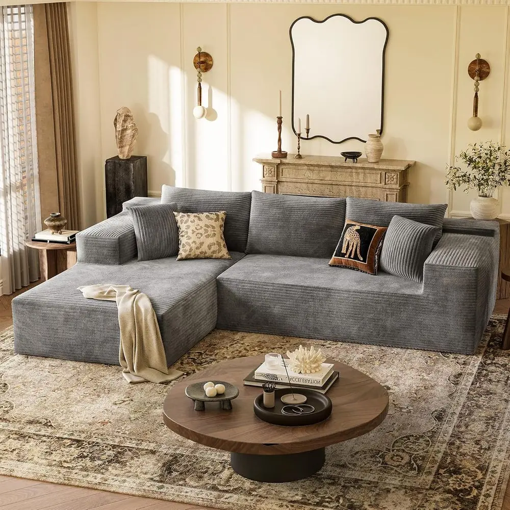 

108 Inch Gray Corduroy Sectional Sofa with Deep Seating and L-Shape Chaise for Living Room, Easy Assembly