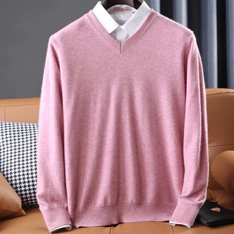 Men\'s 100% Pure Wool Sweater V-Neck Loose Pullover Fall Winter New Large Size Knitted Bottom Shirt Korean Business Casual Top