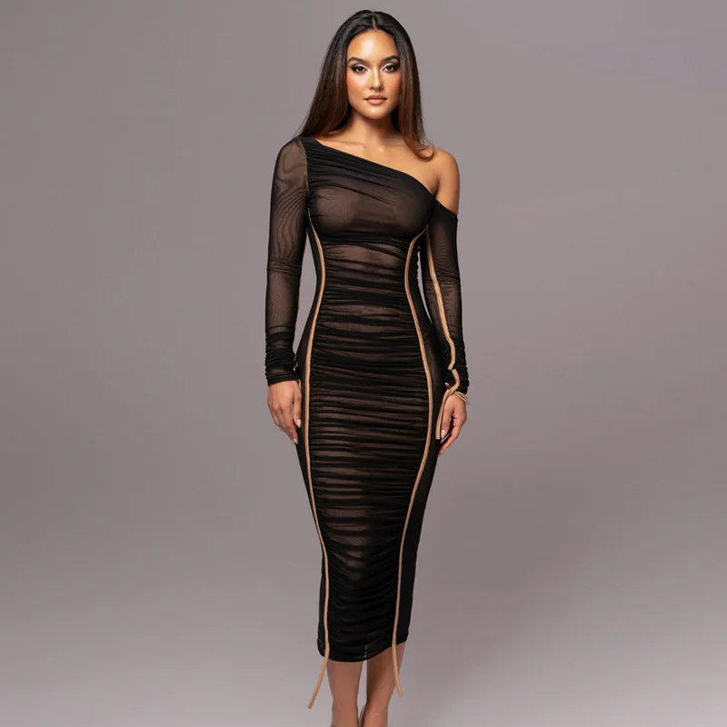 

European and American style 2025 spring women's long sleeved mesh spliced diagonal shoulder mid length skirt fashionable pleated