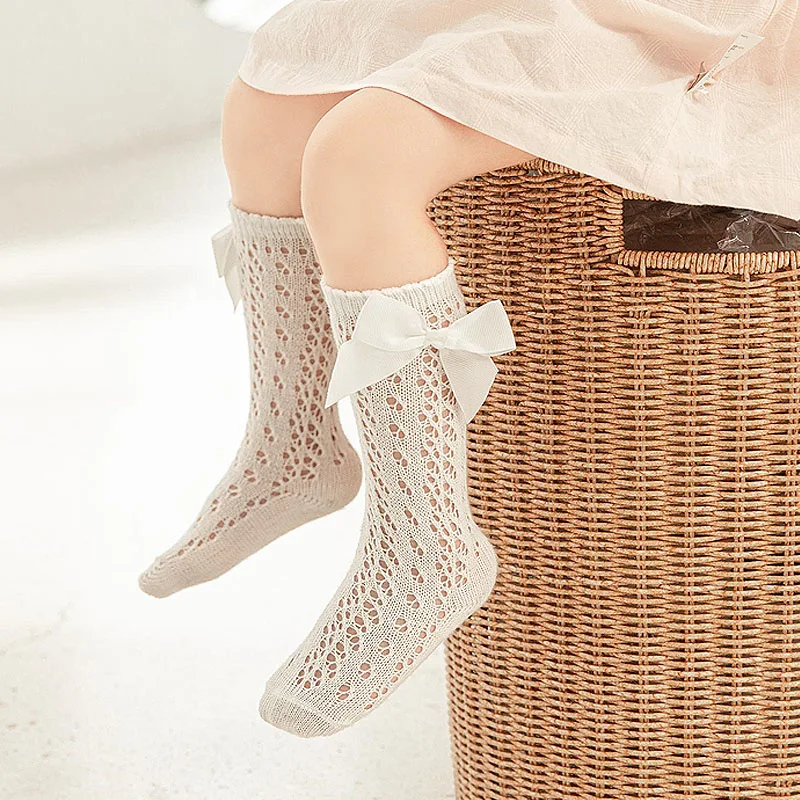 Summer New Kids Knee High Socks Baby Girls Boys Bow Openwork Long Sock Breathable Cotton Children Hollow Out Socken For 0-6Years