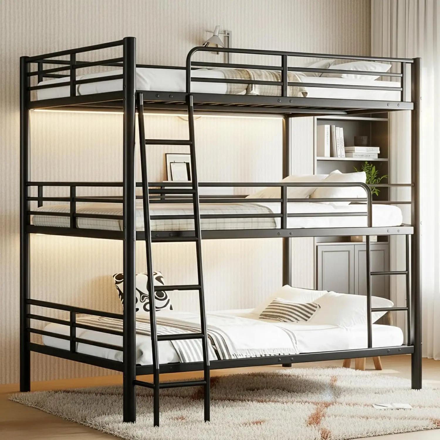 Cama Triple Metálica Reforzada, Tipo Litera, Convertible en 3 Camas Individuales, con Barandilla y Escalera, Sin Base de Muelles, para Adolescentes y Adultos, Personalizable