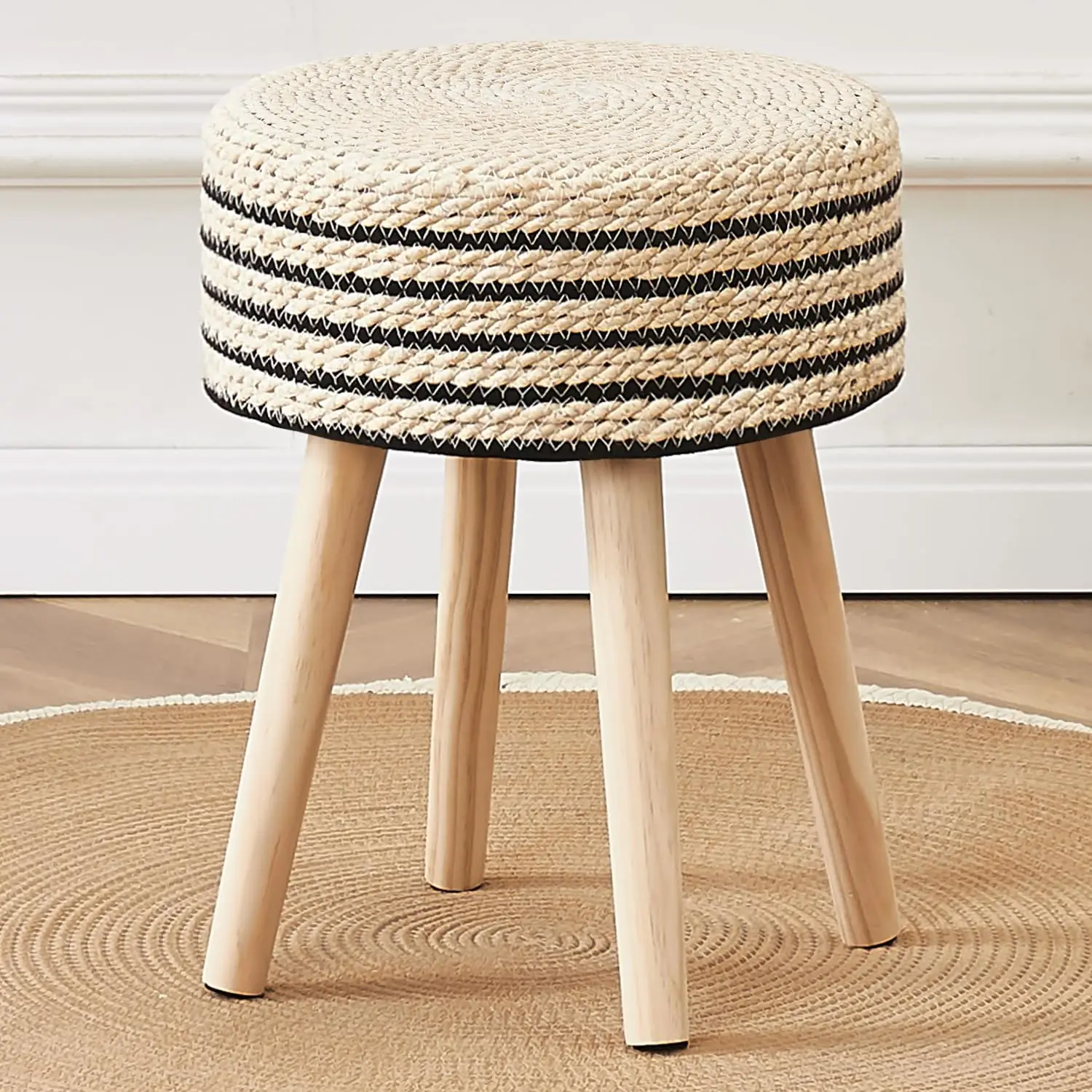 

Natural Seagrass Round Ottoman Footstool with Solid Wood Legs, Handwoven Hyacinth Pouf for Living Room Balcony Garden in Black