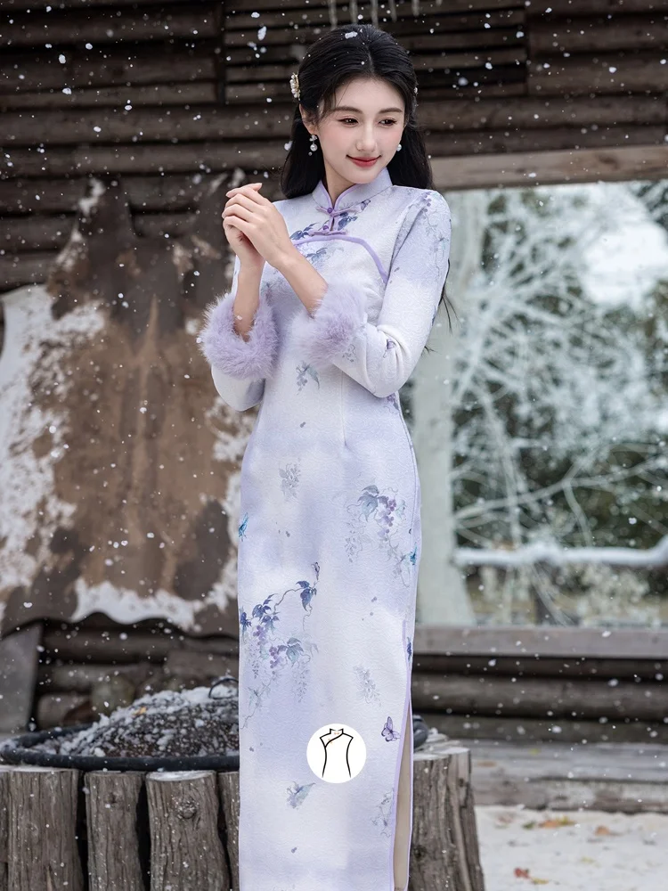 

Элегантное фиолетовое платье с утепленной флисовой подкладкой, уникальное красивое китайское длинное платье для женщин на зимний сезон