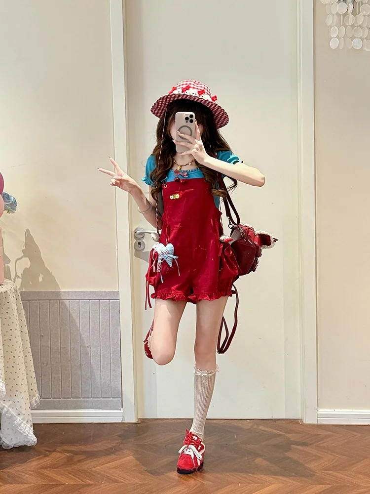 Sweet Cool Red Floral Print Bib Shorts Women's Summer Girl Anti-Aging Dopamine Cotton Pants Short Length Decorative Stitch