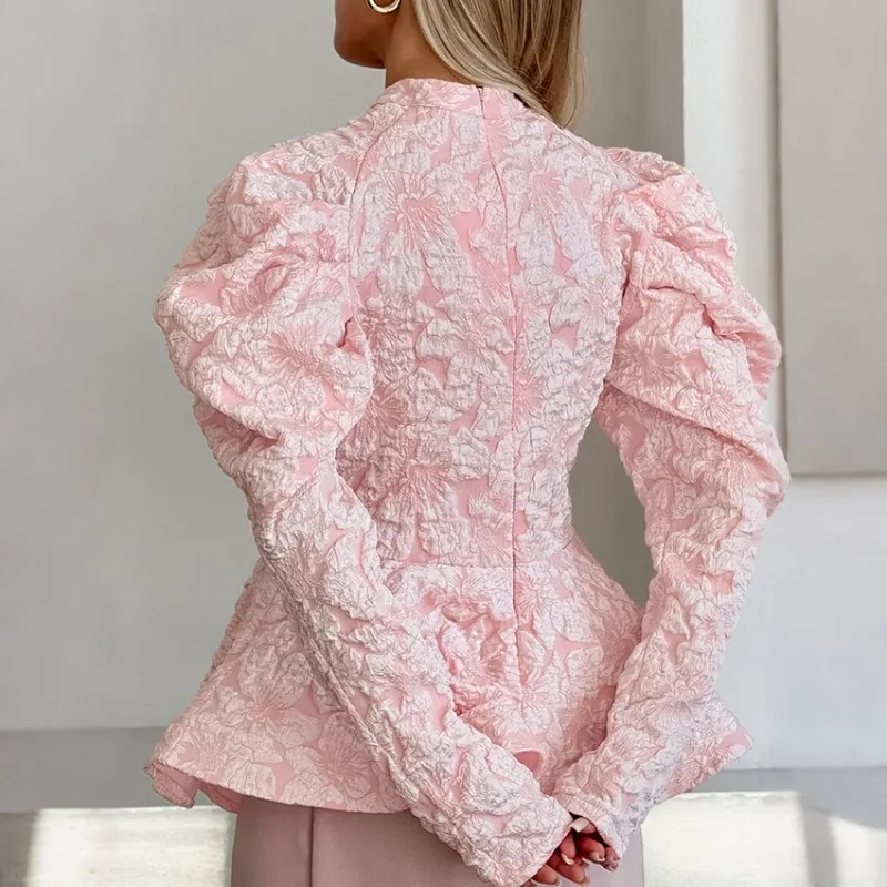 Lemongor feminino cor sólida texturizado jacquard peplum topos 2026 nova primavera puff mangas fino ajuste elegante festa zíper blusas