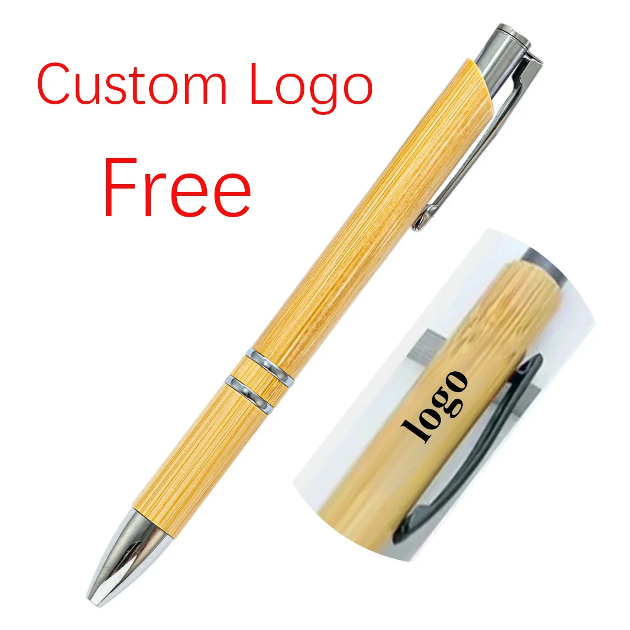 

100 Pcs Custom Logo Bamboo Ballpoint Pen Press Button Pen Wholesale Business Gift Advertising Promotion Pen