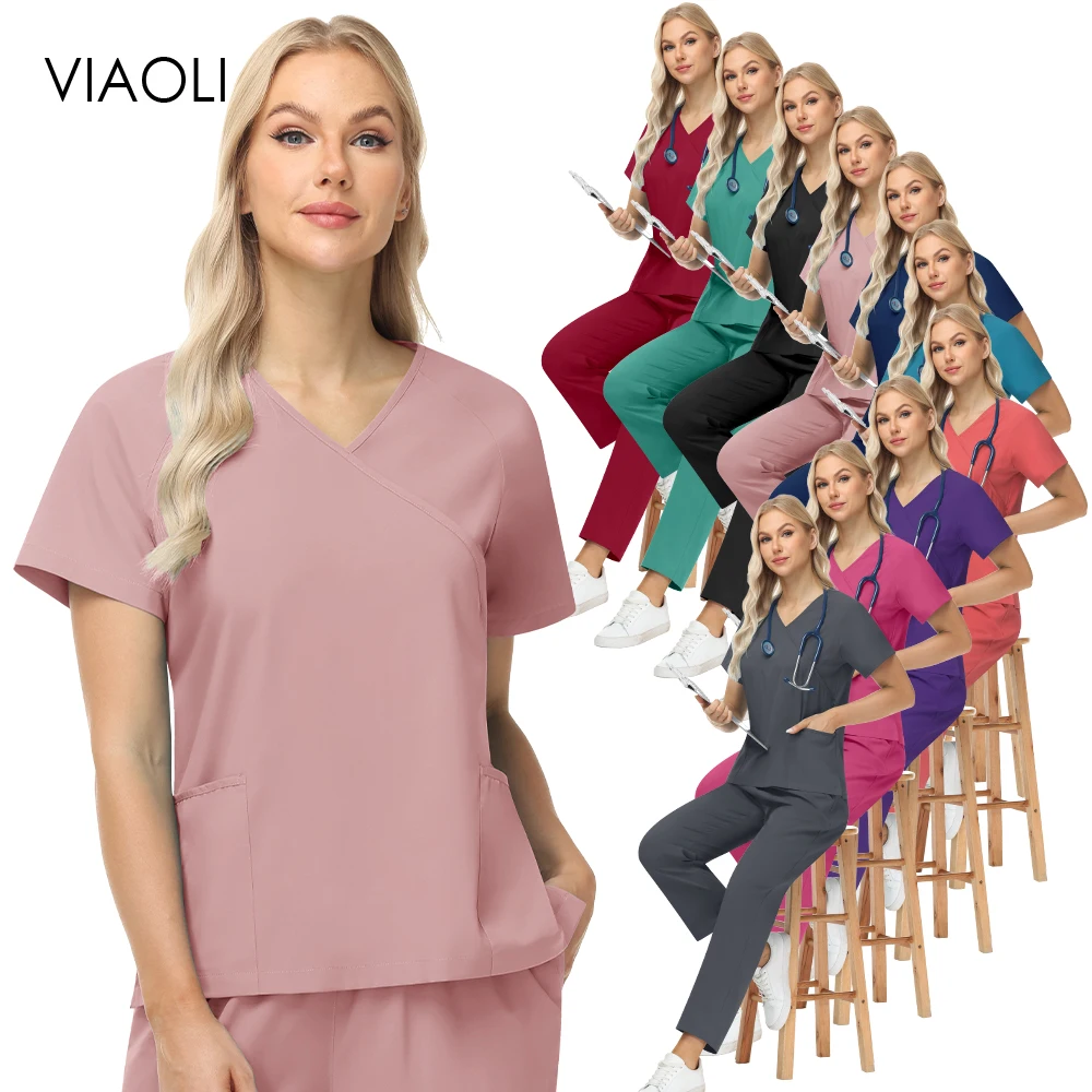 

Medical Scrubs Set Pockets Top Pants Surgical Uniform Hospital Nursing Accessories Multicolor Beautician Work Clothes Women Suit