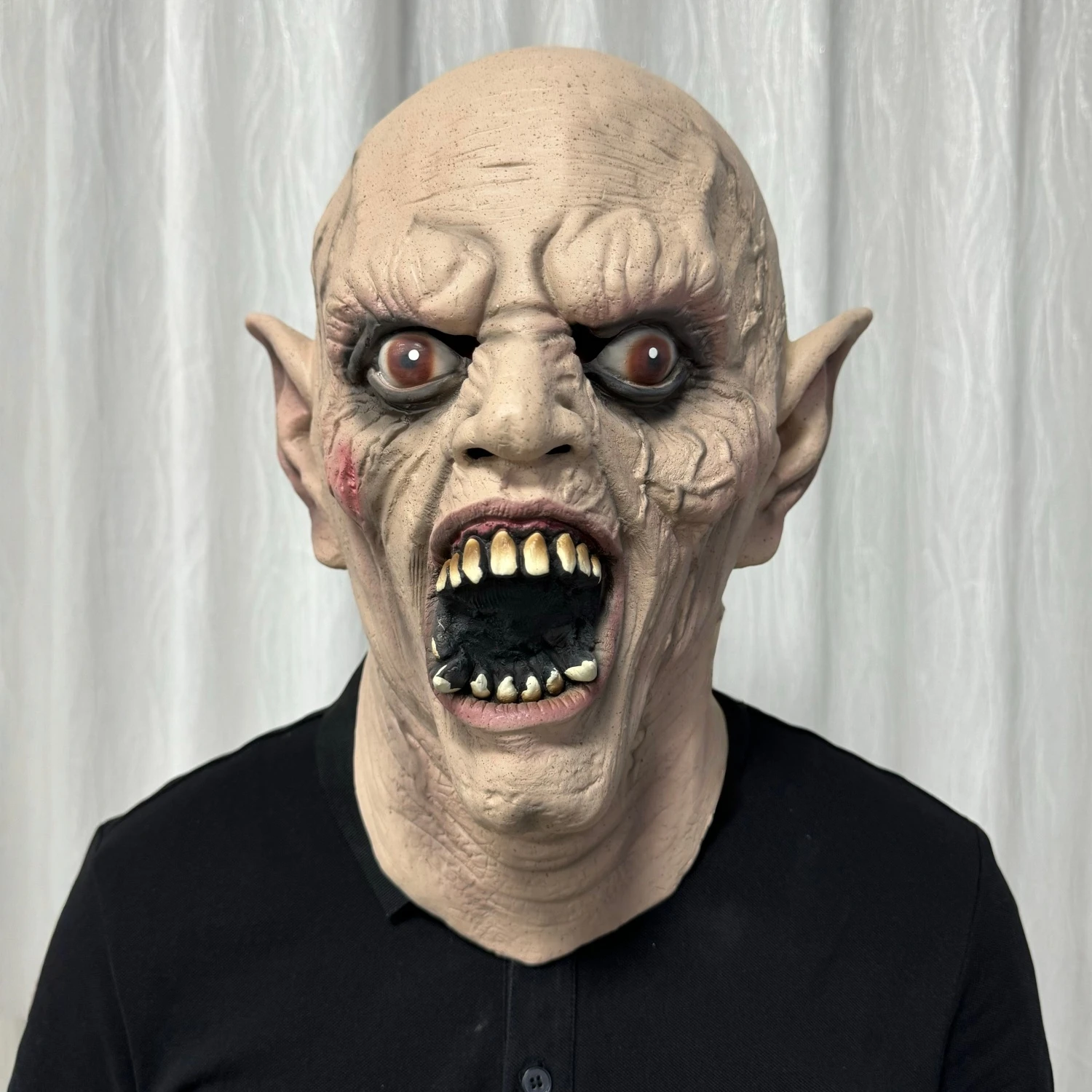 

Realistic Latex Goblin Orc Full Head Mask Pointed Elf Ears Sharp Fangs Horror Monster Halloween Cosplay Carnival Costume Prop