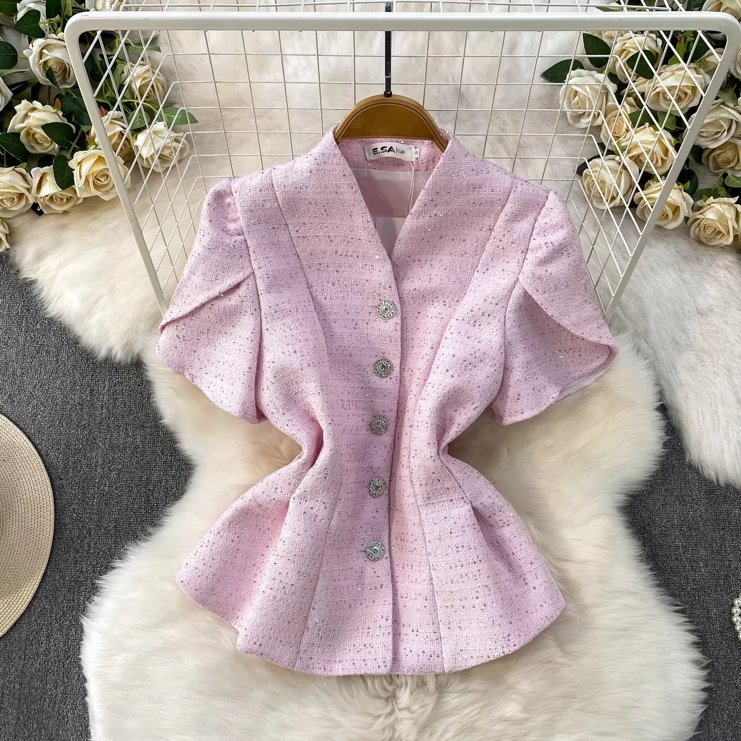 

Clothland Women Elegant Tweed Blouse Short Sleeve V Neck Sequined Shiny Shirt Female Chic Office Wear Retro Tops Mujer DA625