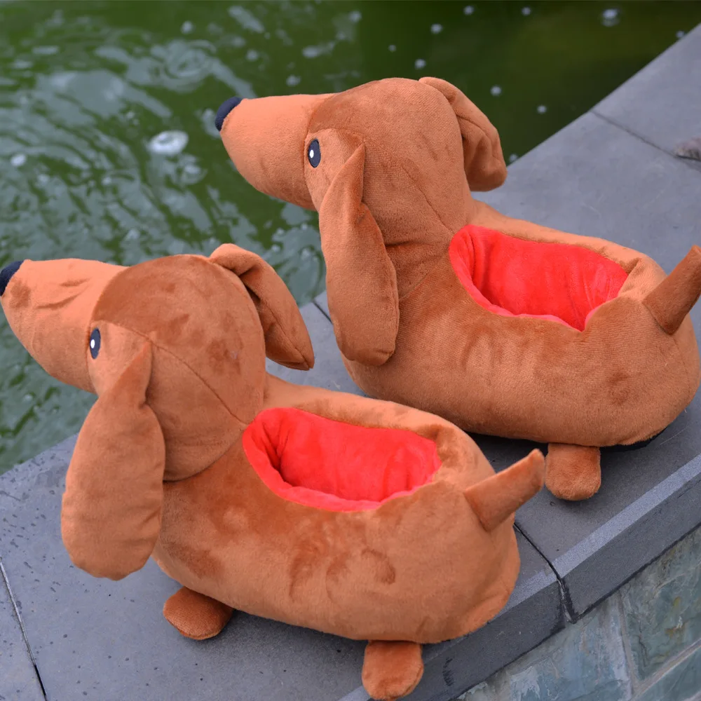 Men's Winter New Dachshund Plush Slippers Cartoon Animal Sausage Dog Plush Doll Puppy Cotton Slippers Indoor Home Slippers