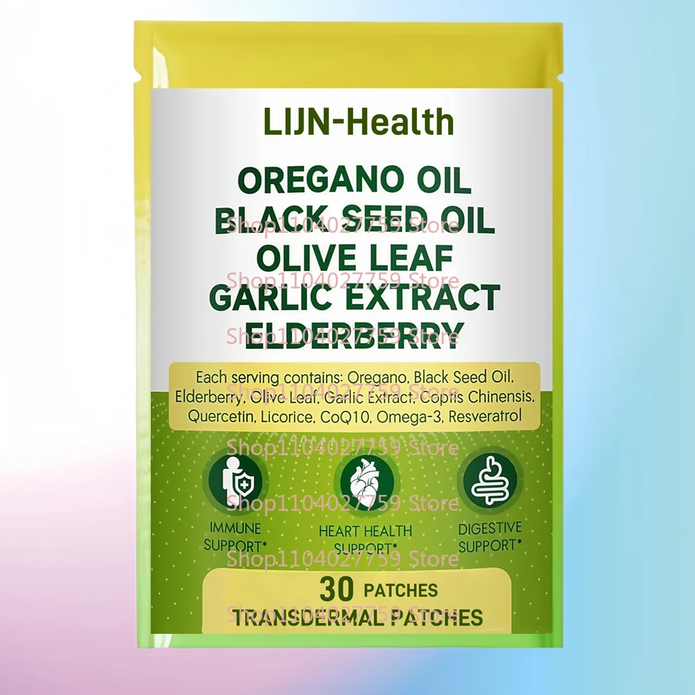 

30 трансдермальных пластырей с маслом орегано, бузиной, листьями оливы, цинком и кверцетином для поддержки иммунитета, дыхательной системы и здоровья кишечника