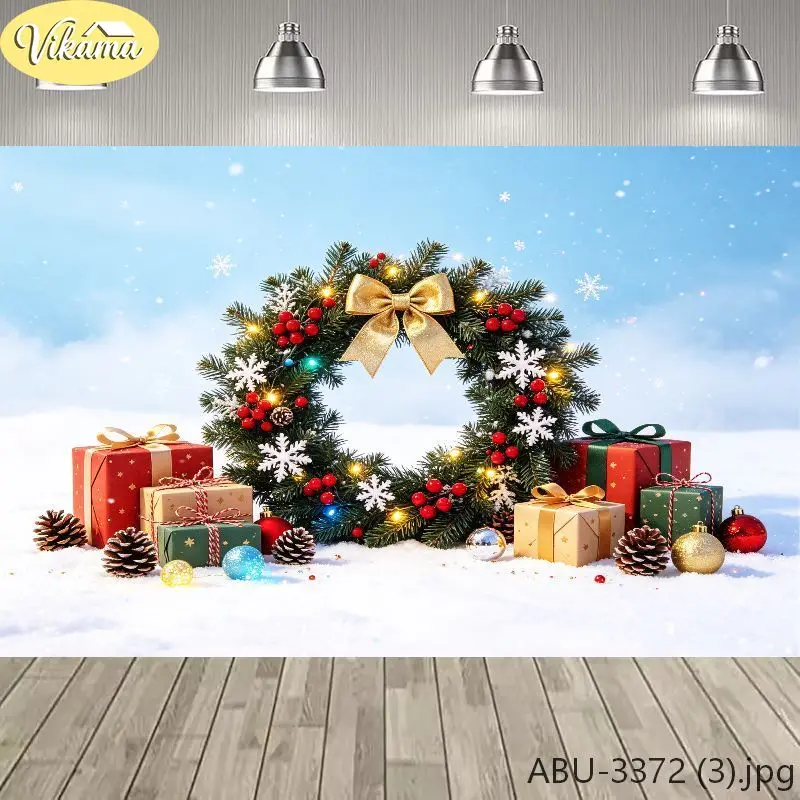 VIKAMA Outdoor Snow Scenery Christmas Wreath Tapestry, Blue Sky Falling Snow Background Cloth, Party Wall Decor