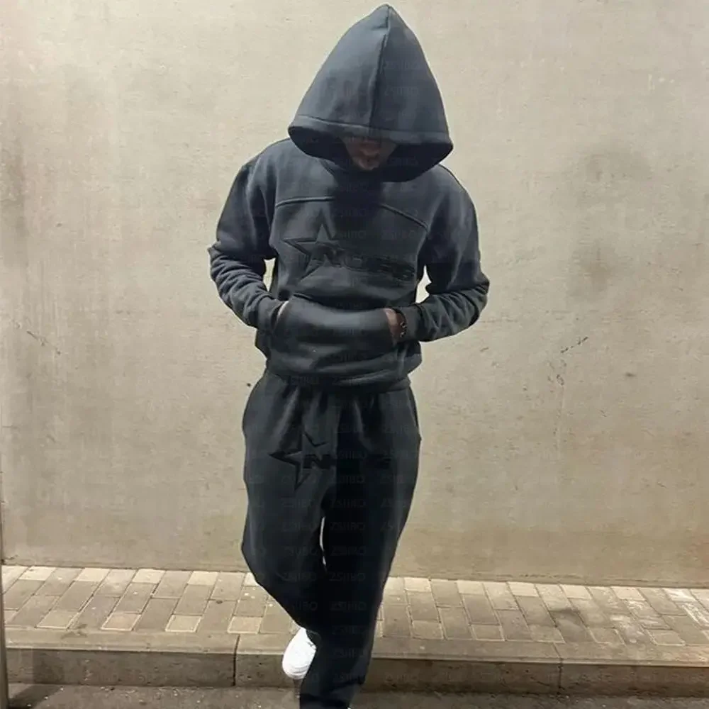 Harajuku Hoodies Men Y2k Hip Hop Letter Graphic Print Hooded Sweatshirt Punk Rock Oversized Pullovers Baggy Sweatpants Suits