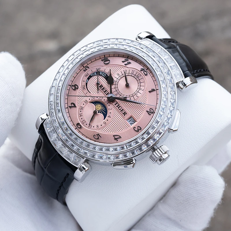 Reef Tiger Men Automatic Watch 43mm Mechanical Wristwatch Sapphire Mirror Crystal Bezel Multi-Dial Month Week Date 24 Hours