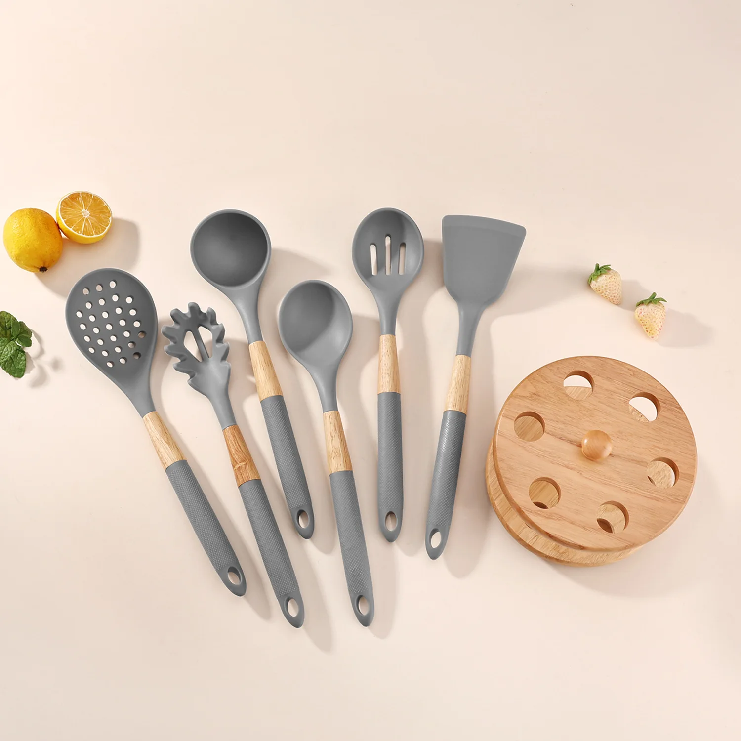 Silicone kitchenware 7-piece set, does not hurt the pot, spatula spoon set, rotating rack kitchen cooking set