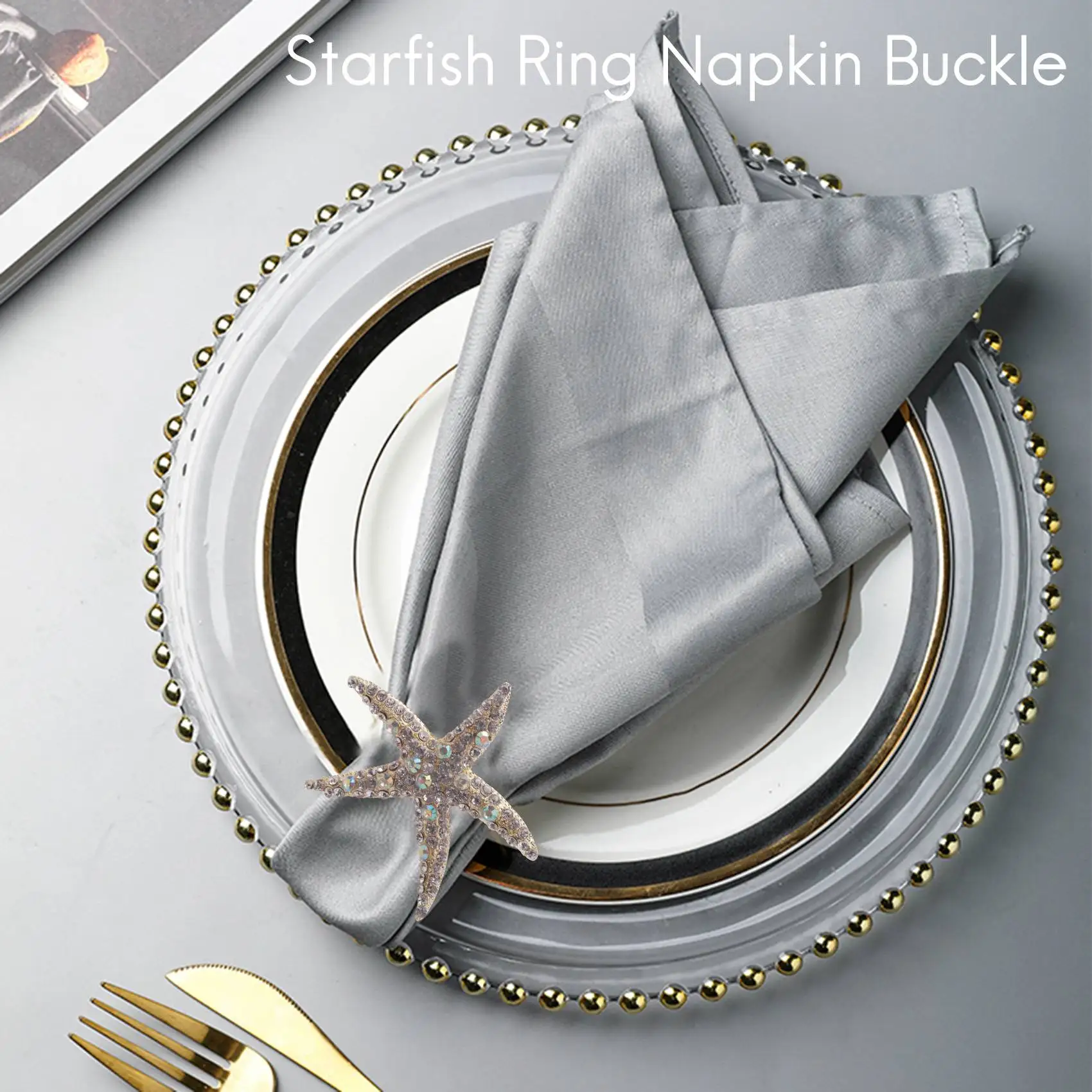 A36T-8 Pack Crystal Starfish Napkin Rings,Rhinestone Napkin Ring Napkin Holders For Wedding Party, Beach Table Decor