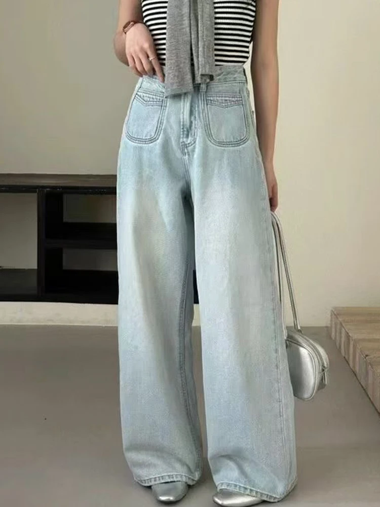 

Женские джинсы с высокой талией и широкими штанинами, прямого кроя, повседневные, длинные, весенняя мода, большие размеры, из хлопкового стрейч-денима