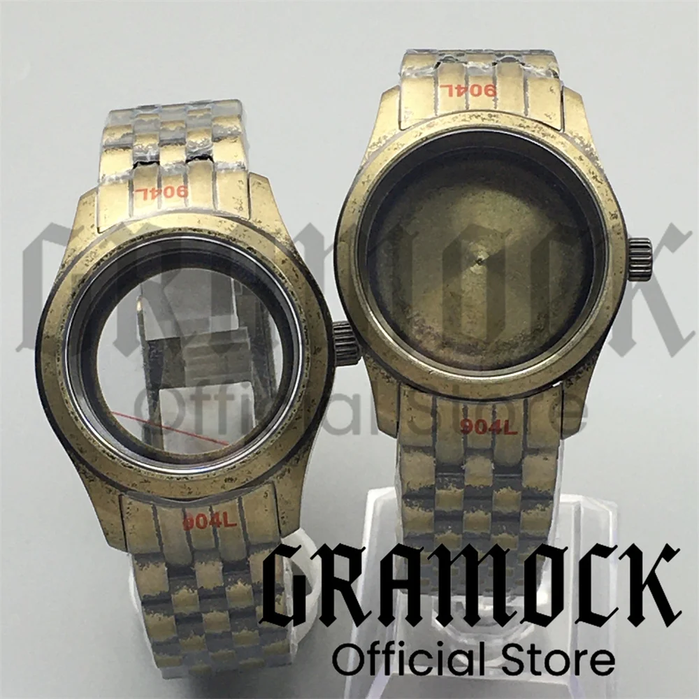 Gramock 36mm/39mm Full Brushed Bronze Pilot Watch Case Bracelet Micro Dome Sapphire Glass Fit NH34/35/36 ETA2824 PT5000 Movement