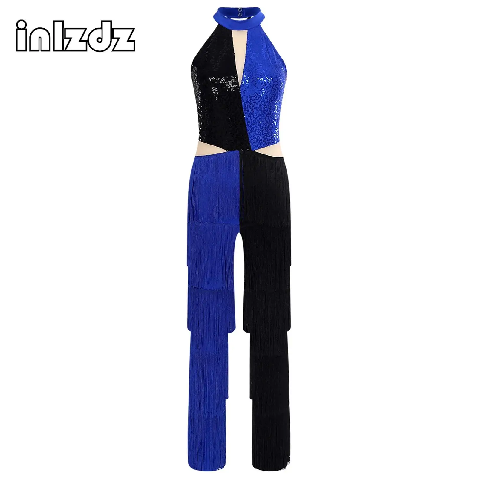 

Womens Adult Tassel 70 80s Disco Classical Vintage Jumpsuits Sleeveless High Waist Long Pants Jumpsuit for Latin Dance Party