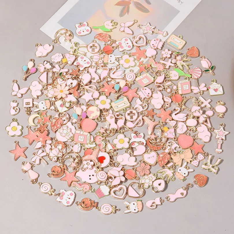 Random Pink Enamel Charm Pendant Alloy Female Handmade Valentine Day Romantic Gift 10/30/50/100pcs/Lot Diy Material Accessories