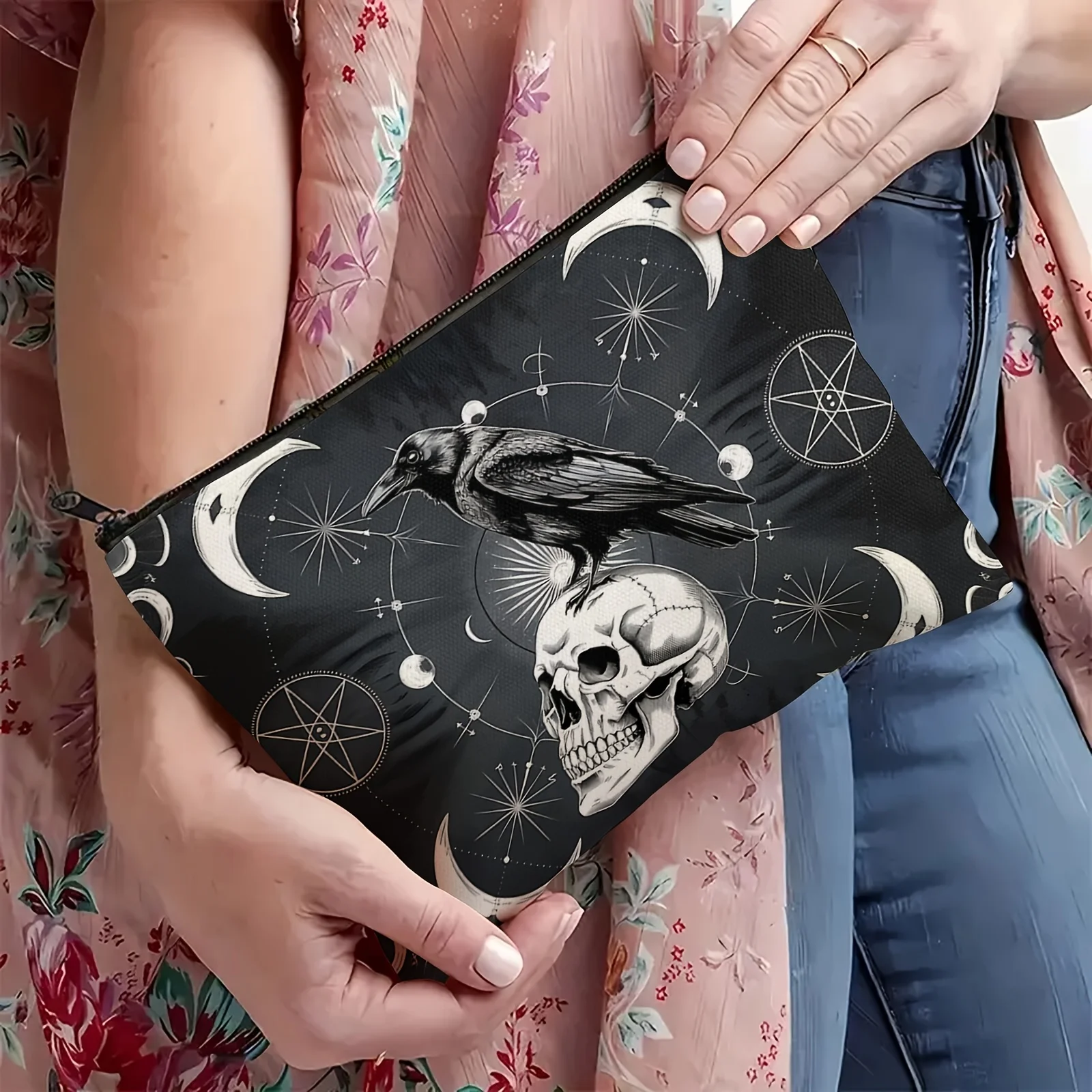 Halloween Crow Skull Makeup Bag - Gothic Mystical Design with Moon, Stars & Pentagrams,