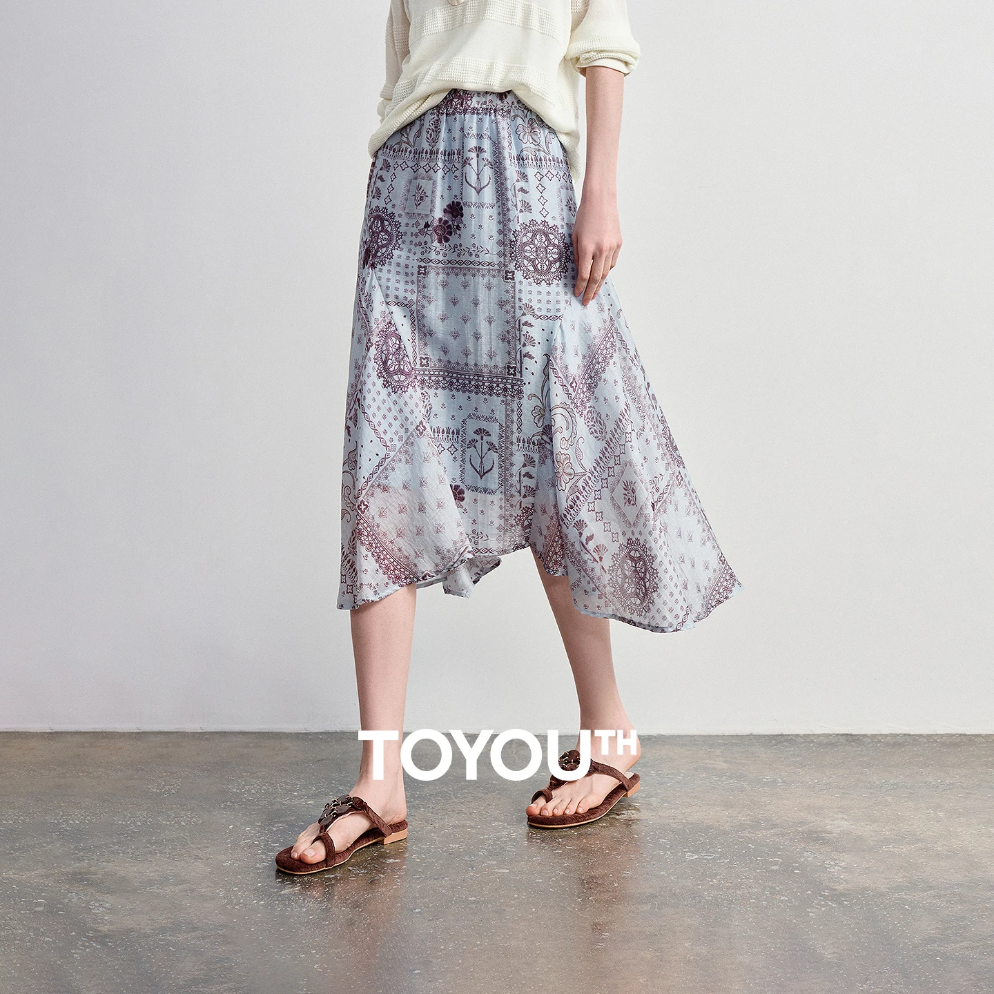 TOYOUTH Women Midi Skirt 2026 Summer New Lyocell Linen Boho Style Printed Irregular Hem Draping A-Line Trendy Skirts