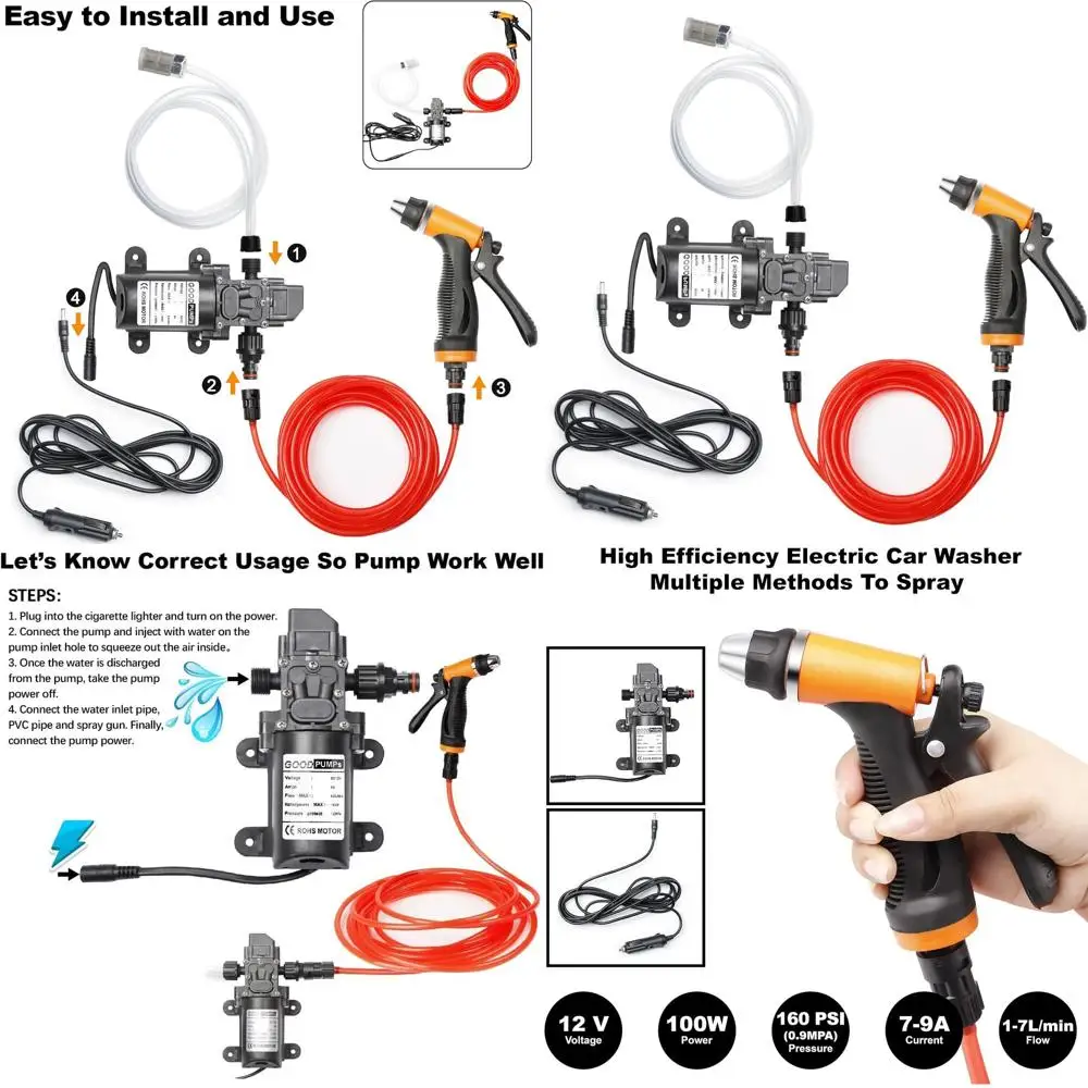 

Portable Intelligent Electric Pressure Washer Pump 100W 160 PSI 12V Portable Pressure Powerful Washing Kit with 21.3 Feet PVC Ho