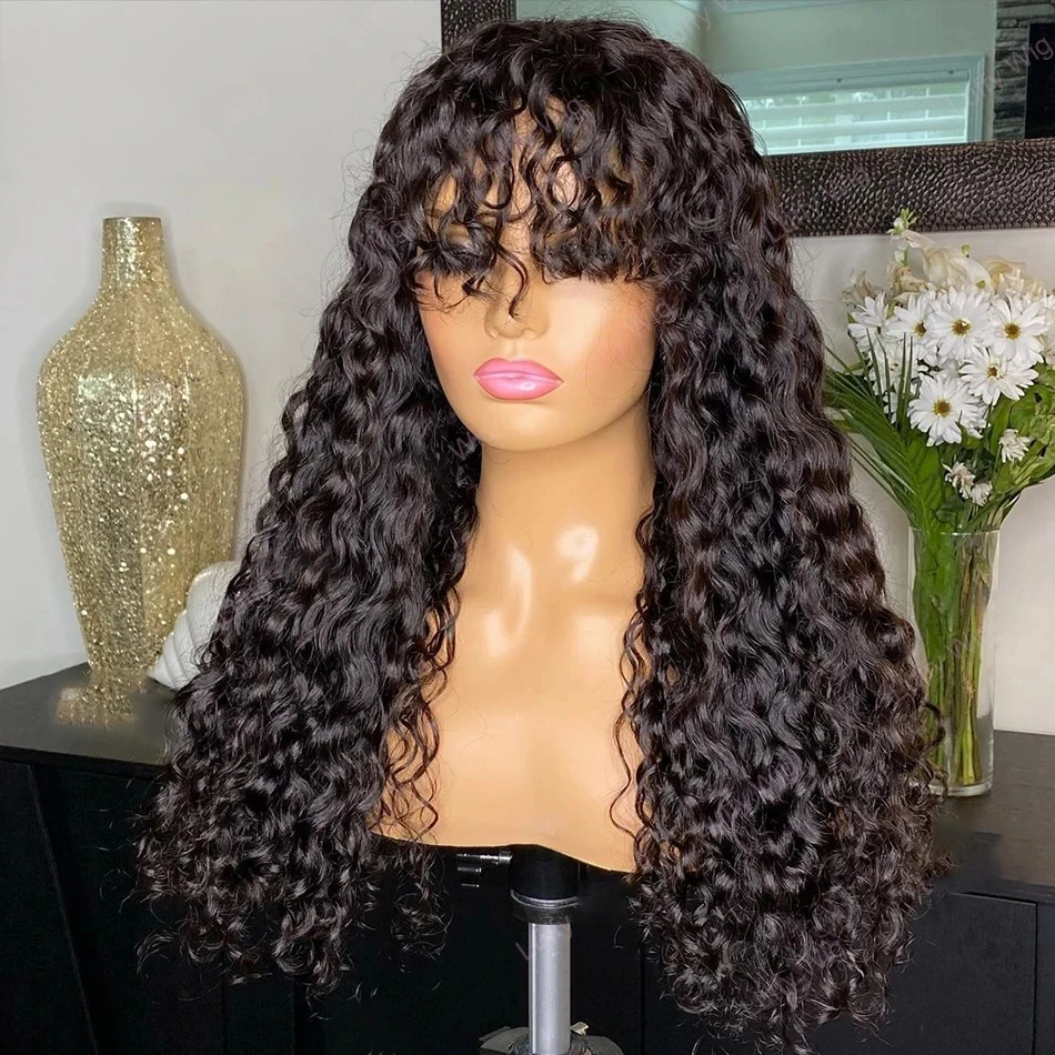 Soft 26inch 180Density Long Natural Black Kinky Curly Machine With Bangs Wig For Women With Baby Hair Preplucked Daily Glueless