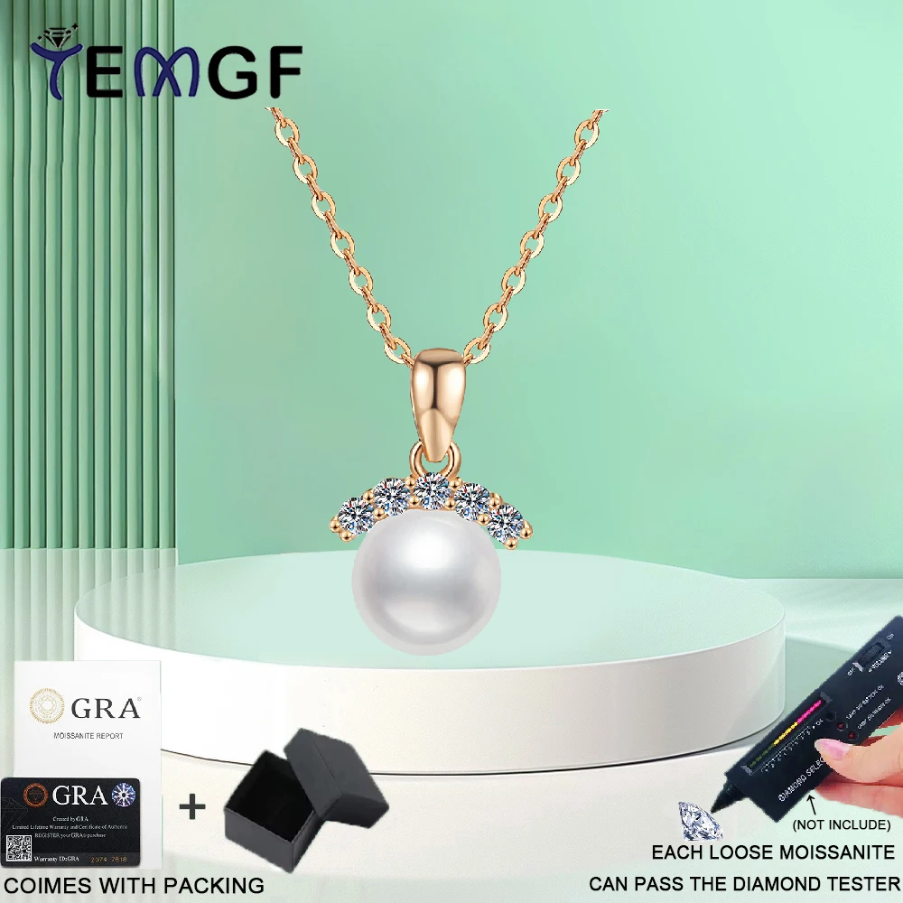 

TEMGF S925 Sterling Silver Necklace Champagne Gold Plated 1.6mm Moissanite 7.5-8mm Pearl Pendant for Women Elegant Fine Jewelry