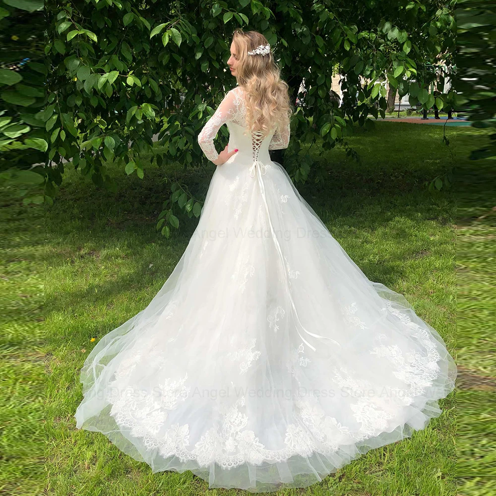 ANGEL Customized Sweetheart Long Sleeve Wedding Dresses For Women Illusion Lace Up Back Vestidos De Novia Elegant Tulle A-line