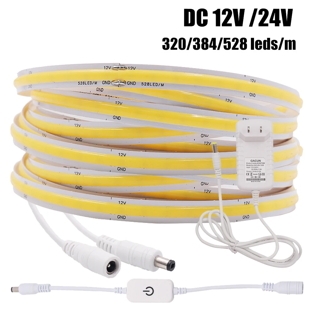 DC 12V 24V COB LED Strip with Adapter Touch Dimmer Sensor Switch 320 384 528LEDs/m LED Light Tape Kitchen Cabinet Backlight