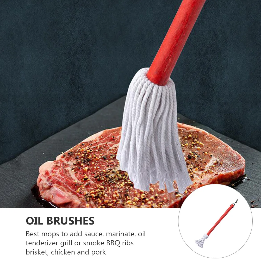 Juego de cepillo de aceite para barbacoa, mango de madera, cabezal de mopa de algodón suave y absorbente, para salsa, marinada, pollo, cerdo, fregonas, 1 Juego