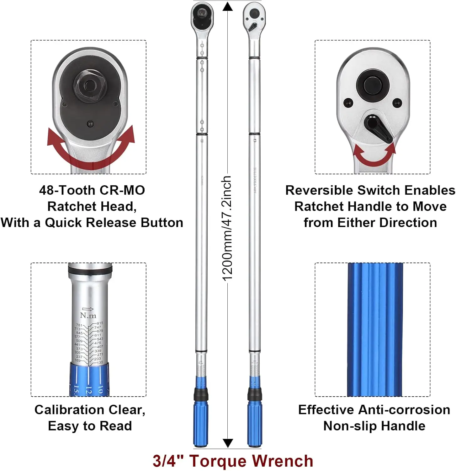 3/4-Inch Drive Click Torque48-tooth High Accuracy Torque Wrench Set with a Hex Key 100-600ft.lb