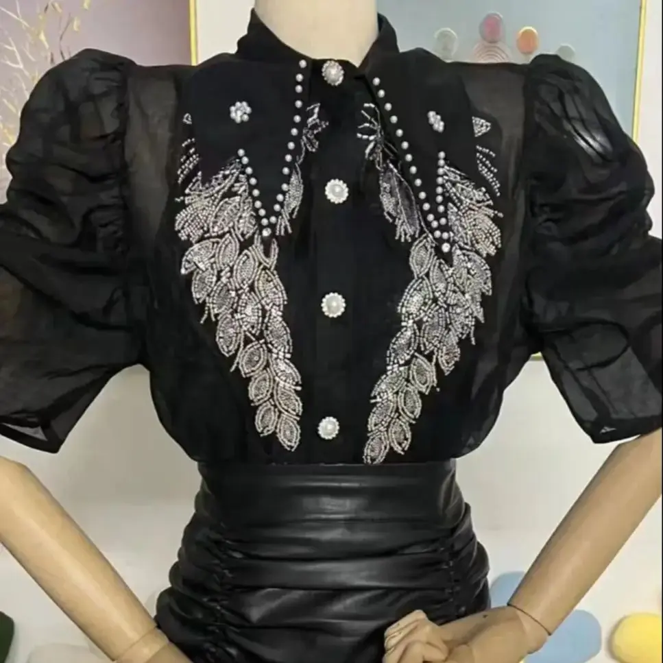 Luxury Embroidery Beads Sequines Short Sleeve Blouses Shirts Women 2024 Summer New In Office Lady Shirt Top Female