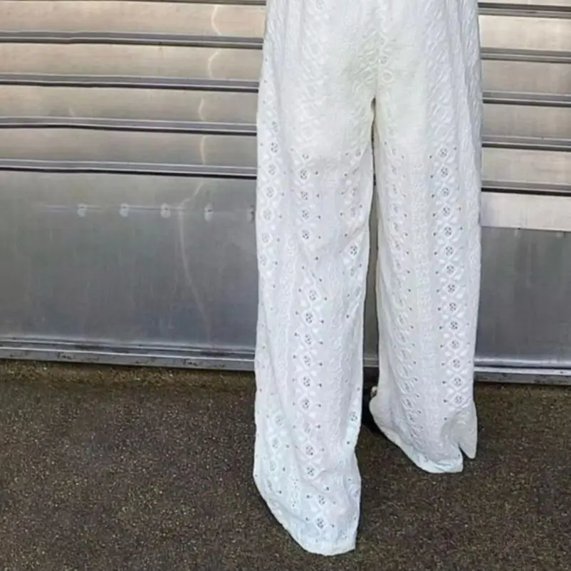 

Women Pants Elastic High Waist Wide Leg Casual Trousers Pure Color Hollow Embroidery Casual Trousers with Liner Daily Wear Leisu
