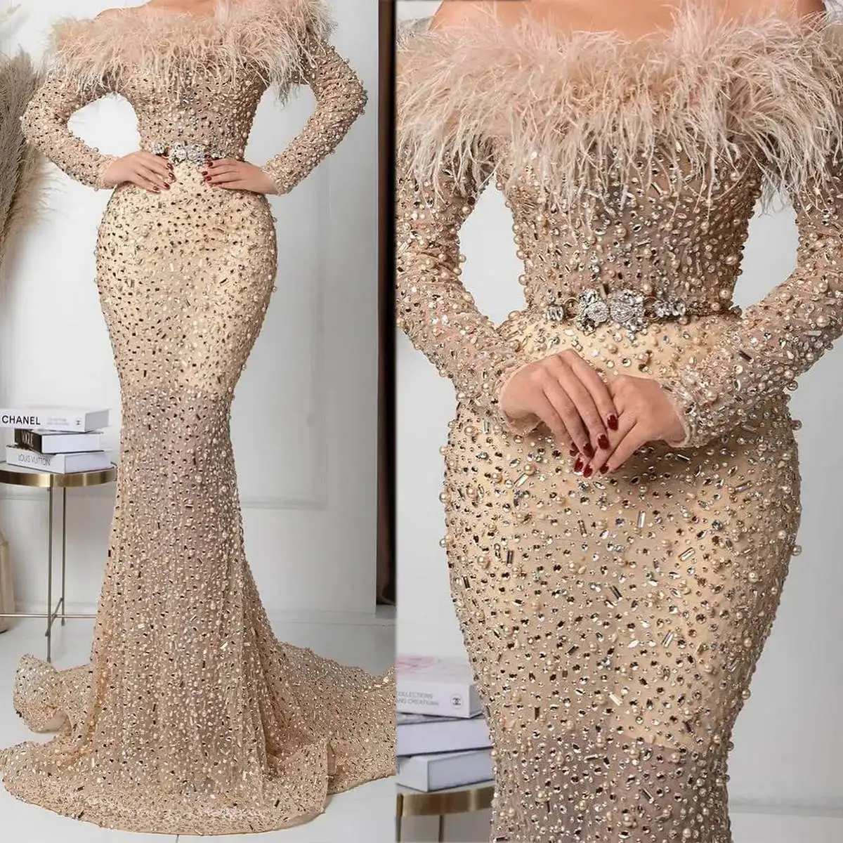 Illusion Evening Dresses Mermaid Crystal Feather Pearls Long Sleeve Prom Gown Party Dress Vestido De Noite Custom Made