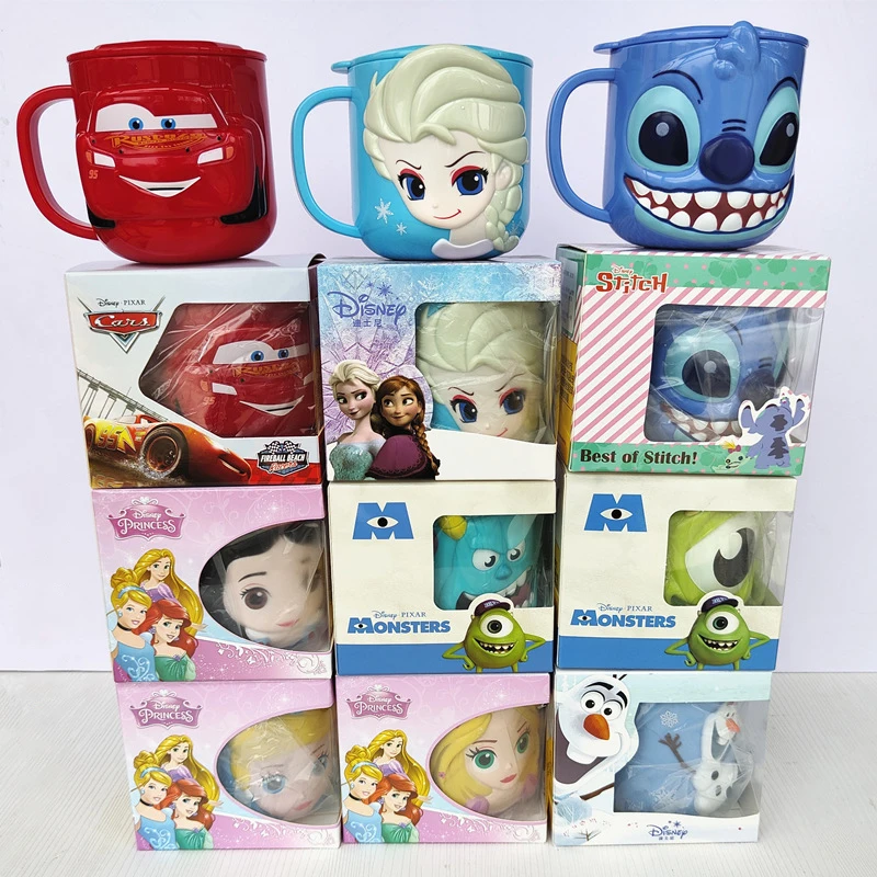 Copo infantil Disney com tampa, caneca de leite, Elsa congelada, desenhos animados 3D, copo escovador de boca, copo de água potável, mickey, ponto,